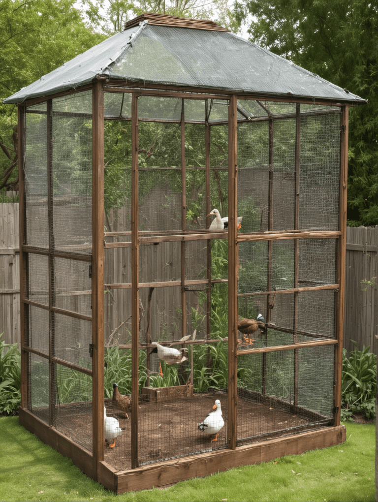 Log cabin style duck shelter made with rounded logs and rustic shingled roof