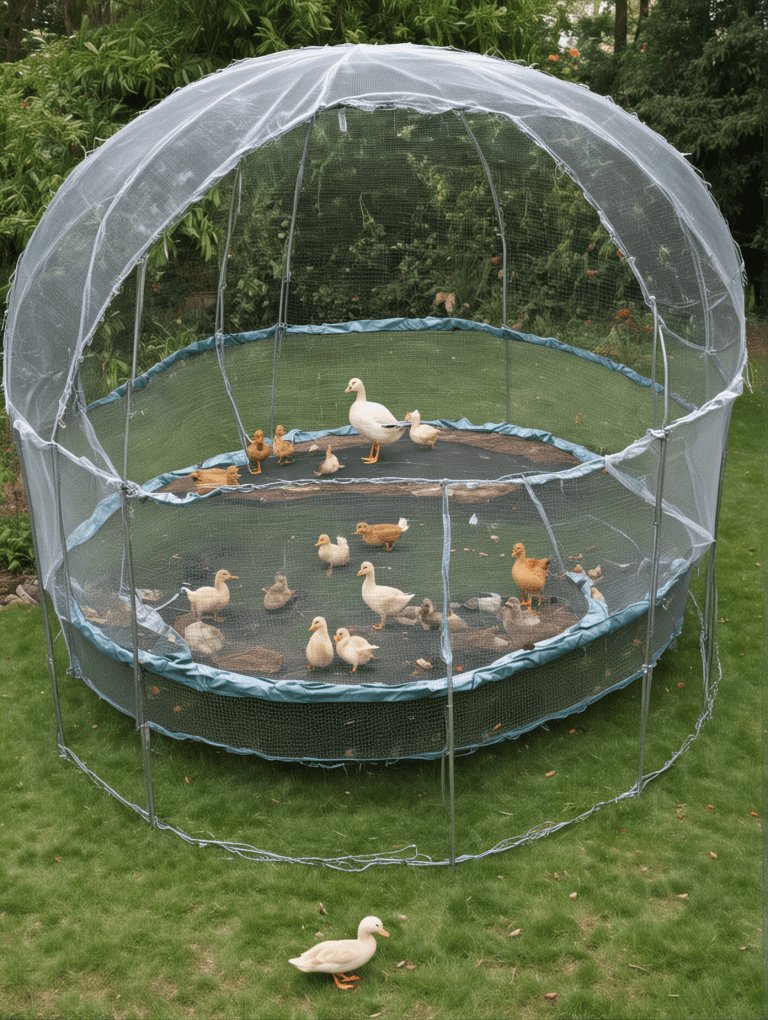 Elevated duck shelter with bamboo accents, slatted ventilation walls, and thatched style roof