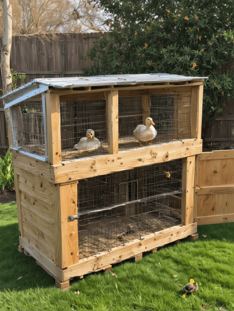 White painted duck aviary enclosure with decorative framing, wire mesh panels, and gabled roof