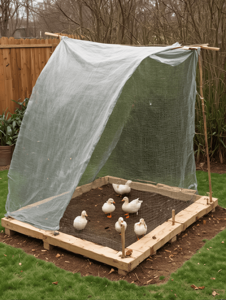 Simple starter duck coop made from plywood panels and wire mesh in a clean rectangular design