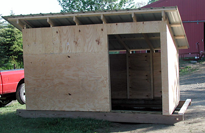 Box style goat shelter made from plywood with a high roof pitch and side opening