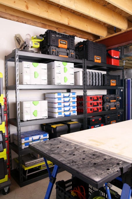 Modular tool cases organized on heavy duty garage rack