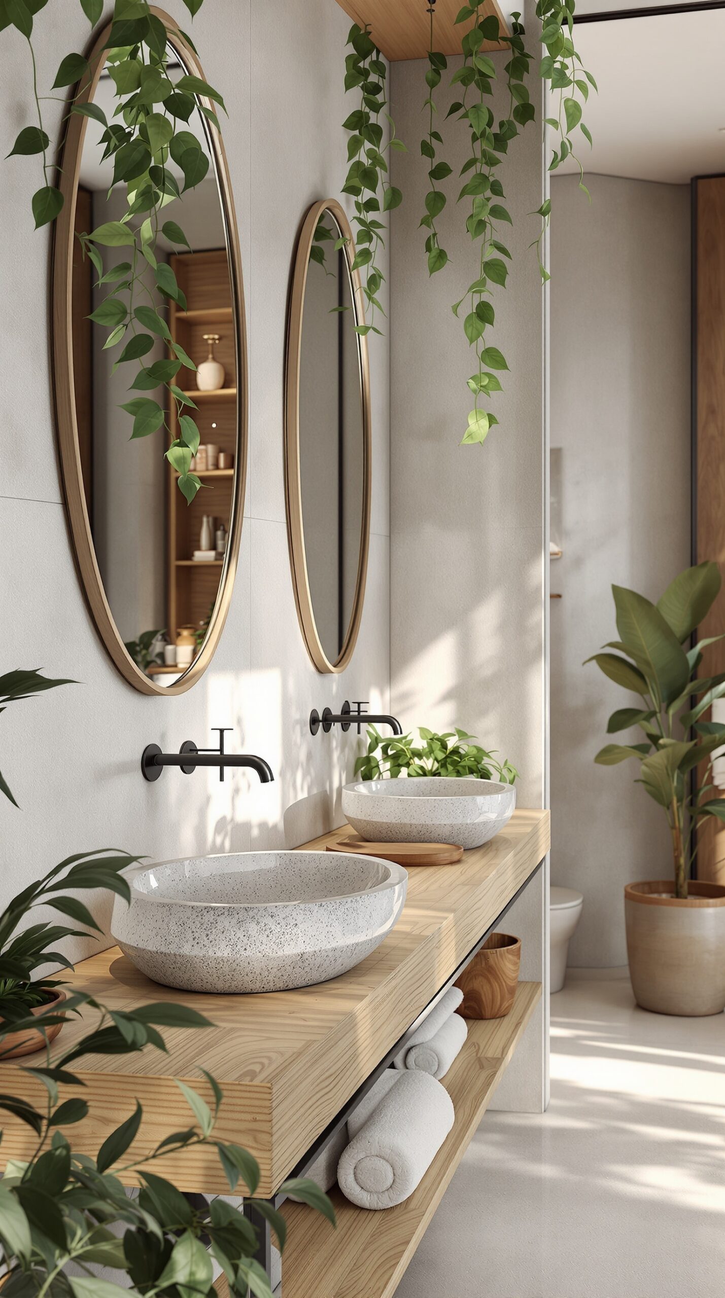 A modern bathroom featuring wooden shelves, round mirrors, and speckled bowls, adorned with hanging plants.