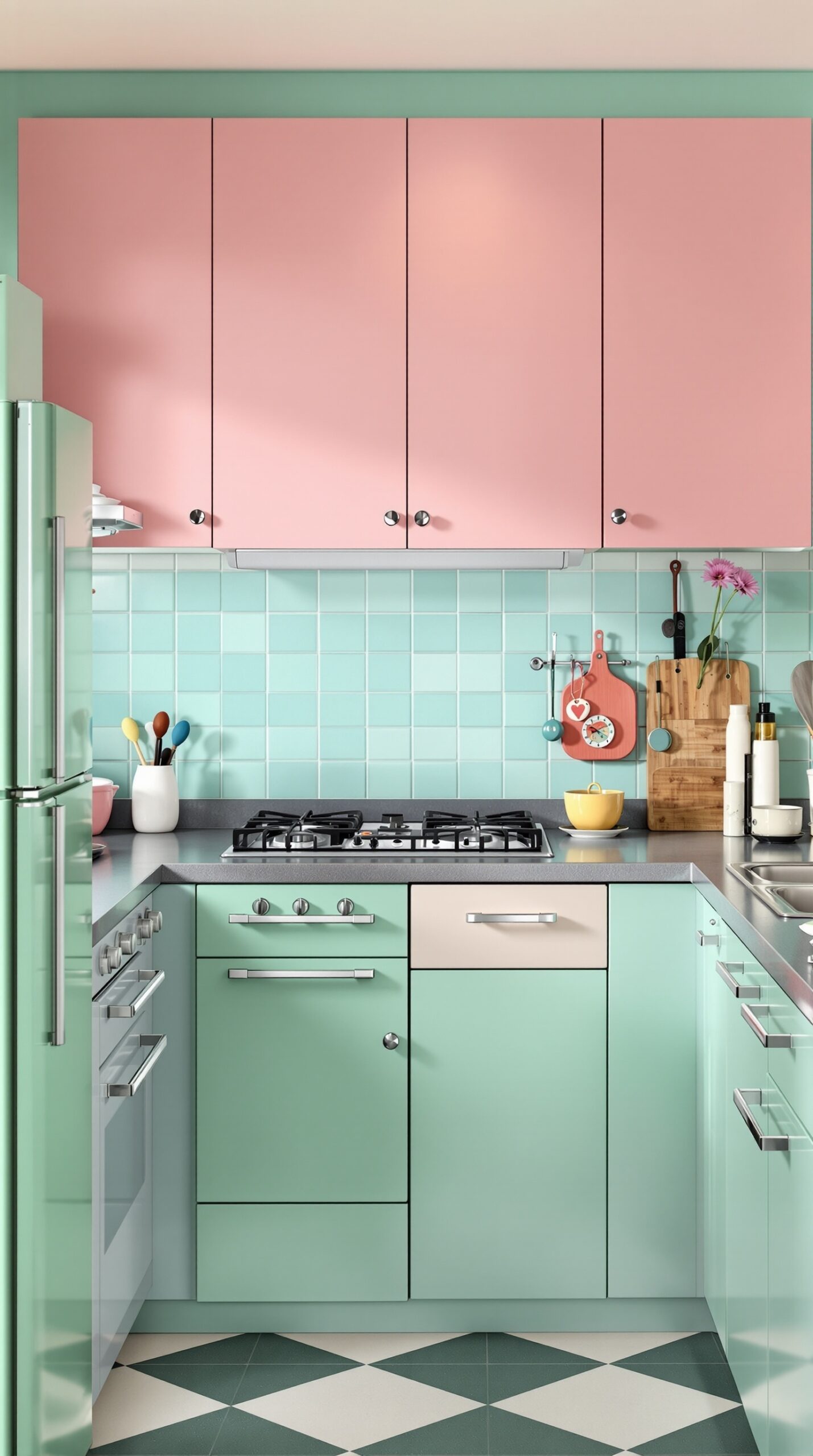 A stylish 1950s inspired kitchen featuring pink and mint green cabinets, stainless steel appliances, and patterned floor tiles.
