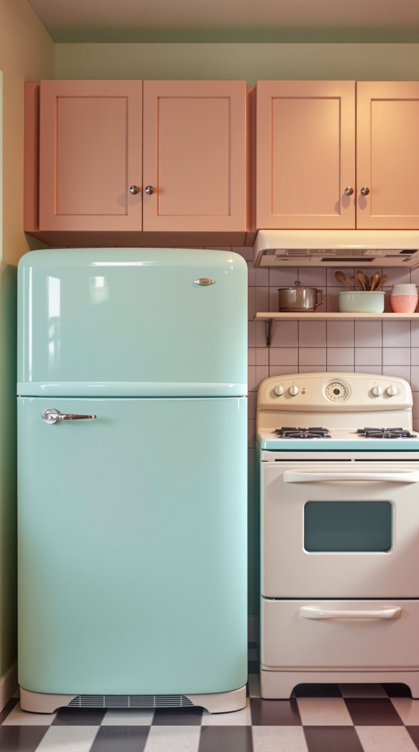 A vintage kitchen featuring a mint green refrigerator and a cream-colored stove, with pastel cabinets and checkered flooring.