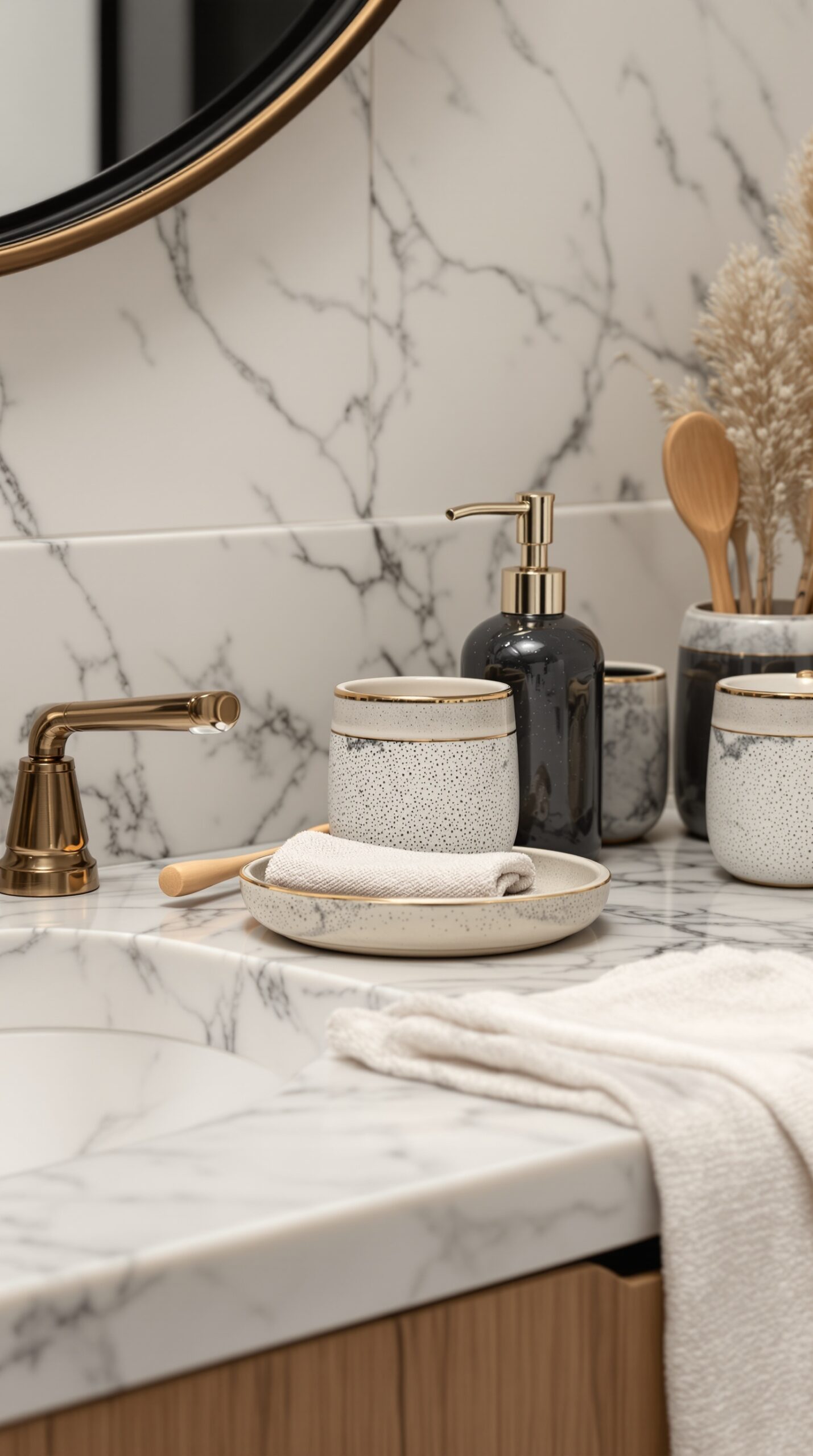A stylish bathroom countertop featuring handcrafted ceramics, a gold faucet, and a round mirror.