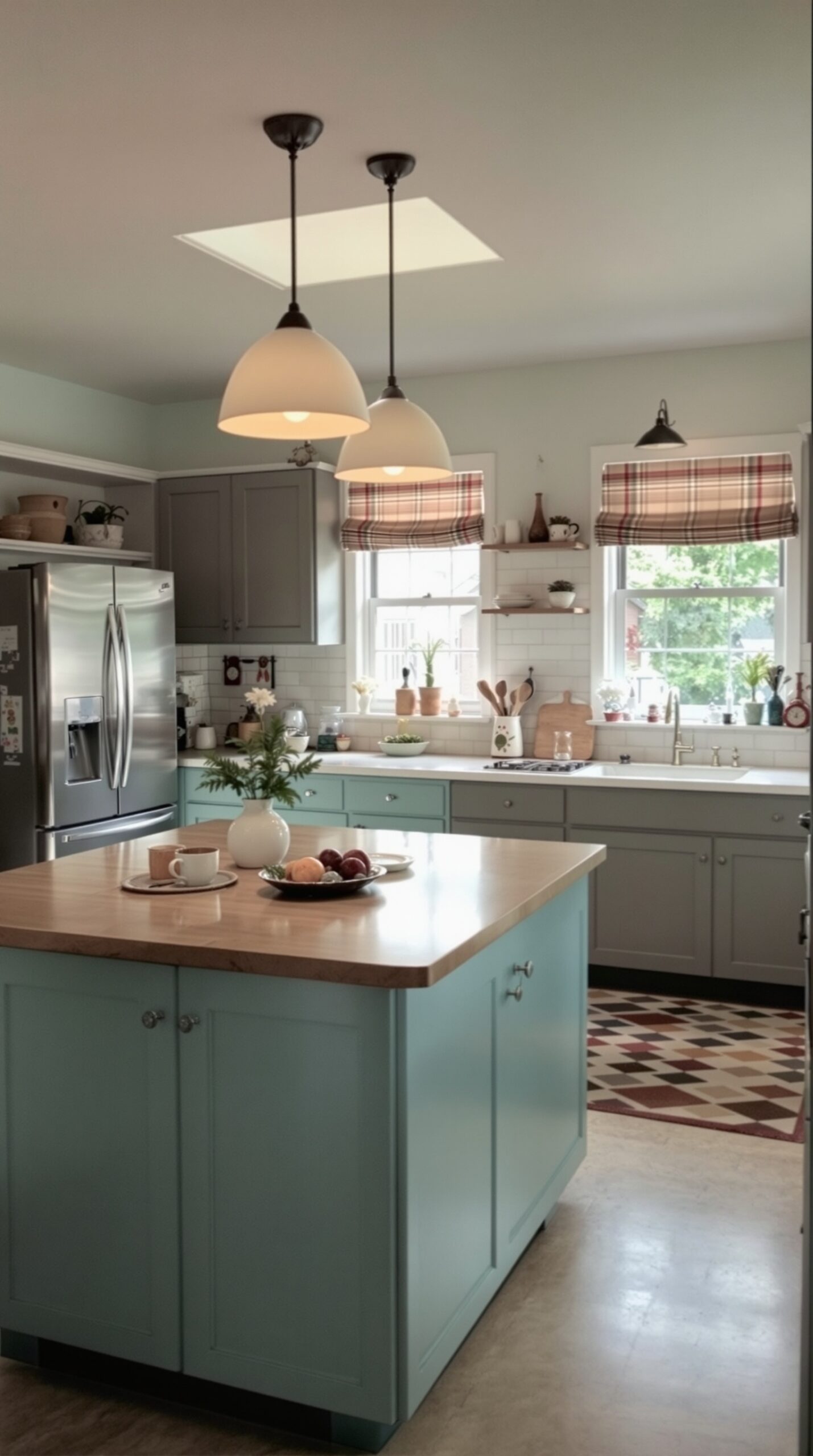 A 1950s inspired kitchen featuring a functional island for meal prep, with blue cabinetry and wooden countertop.