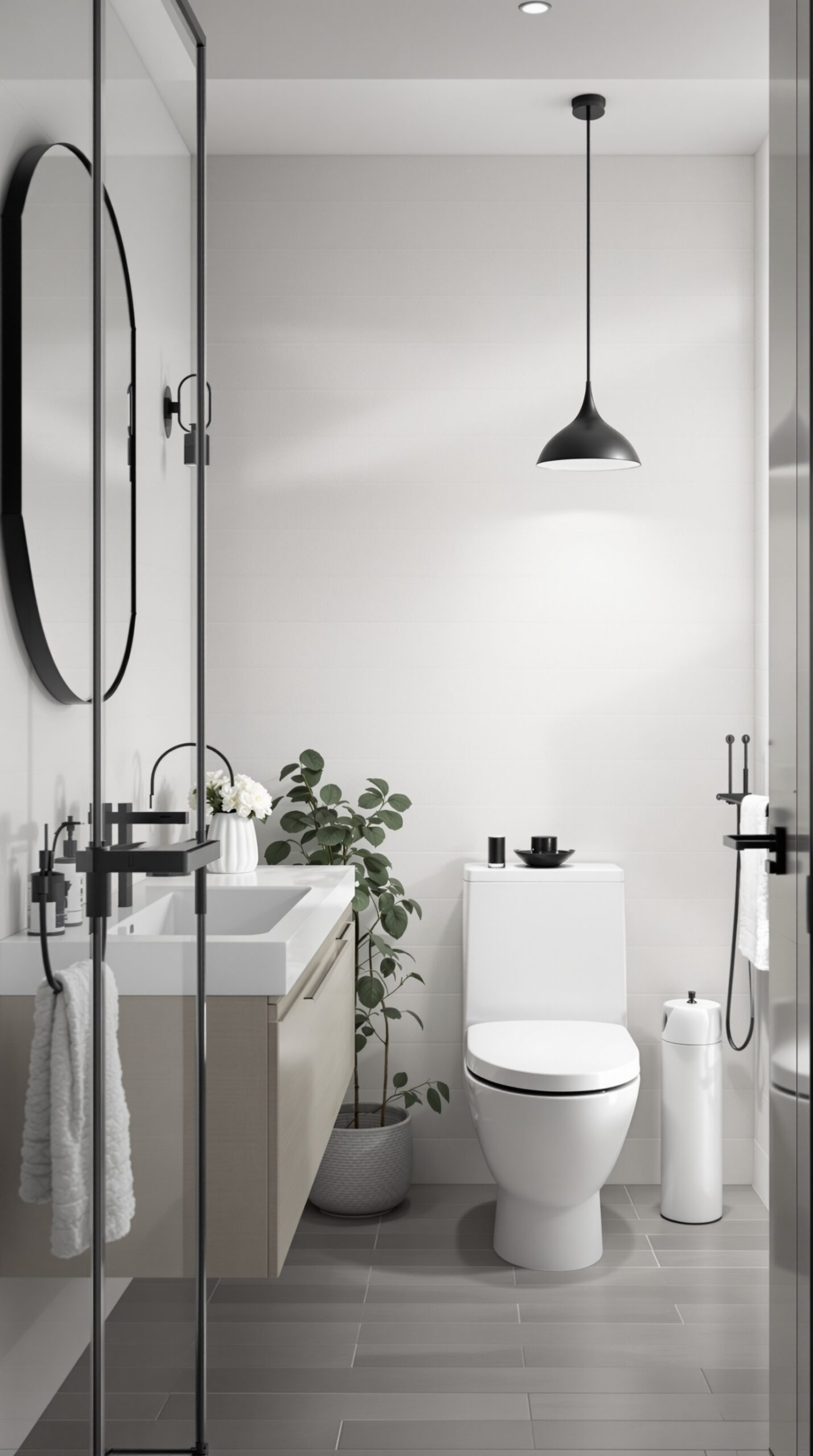 A minimalist bathroom featuring a large mirror, sleek fixtures, and a potted plant.