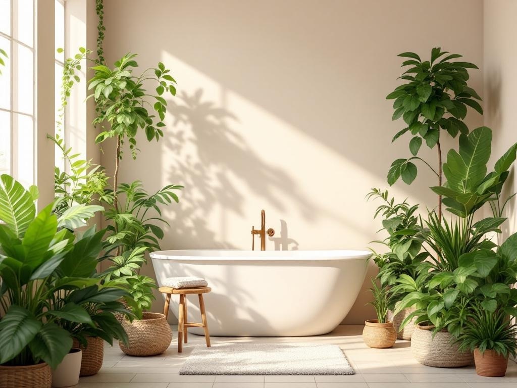 A bright bathroom featuring a white bathtub surrounded by various indoor plants, creating a fresh and calming atmosphere.