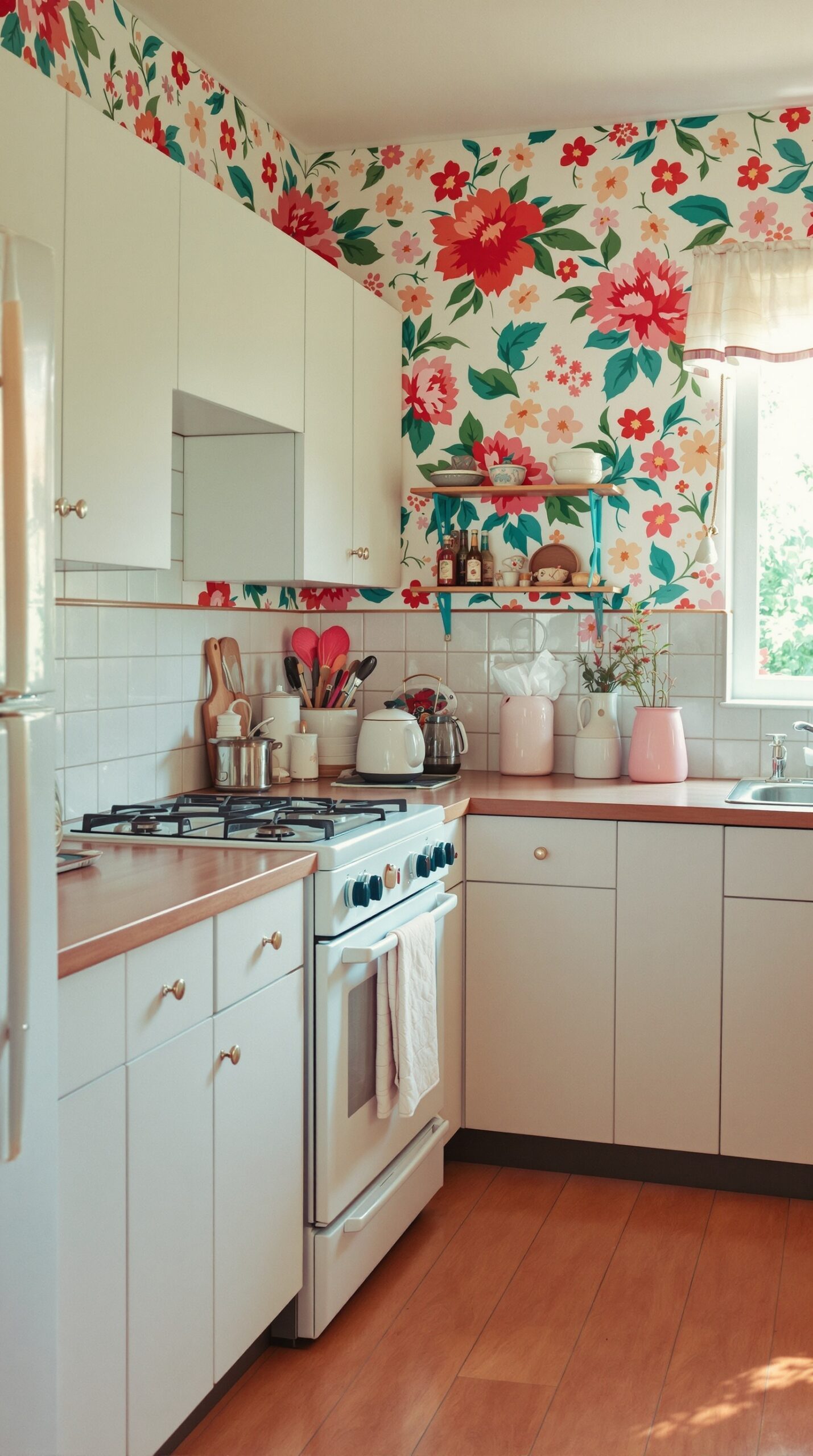 A kitchen featuring bold floral wallpaper with large red and pink flowers, white cabinets, and wooden countertops.