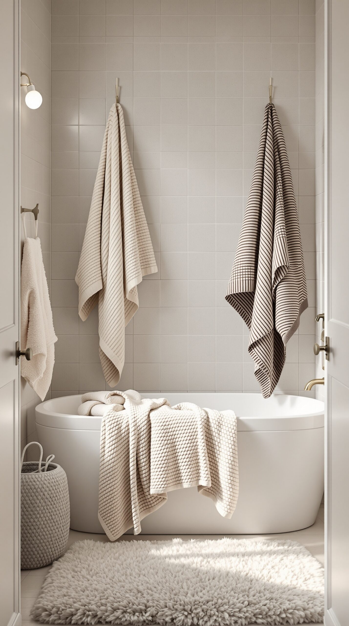 A cozy bathroom featuring layered textiles, including towels and a plush rug, creating a warm atmosphere.