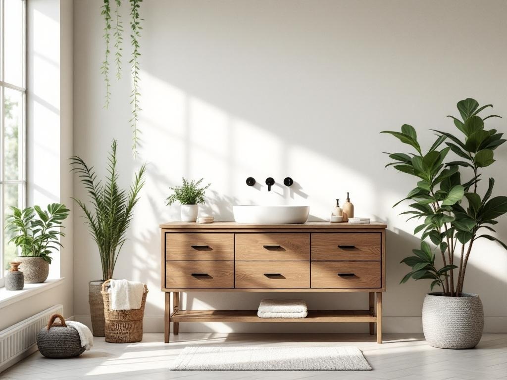 A wooden vanity in a bright bathroom with plants and natural light