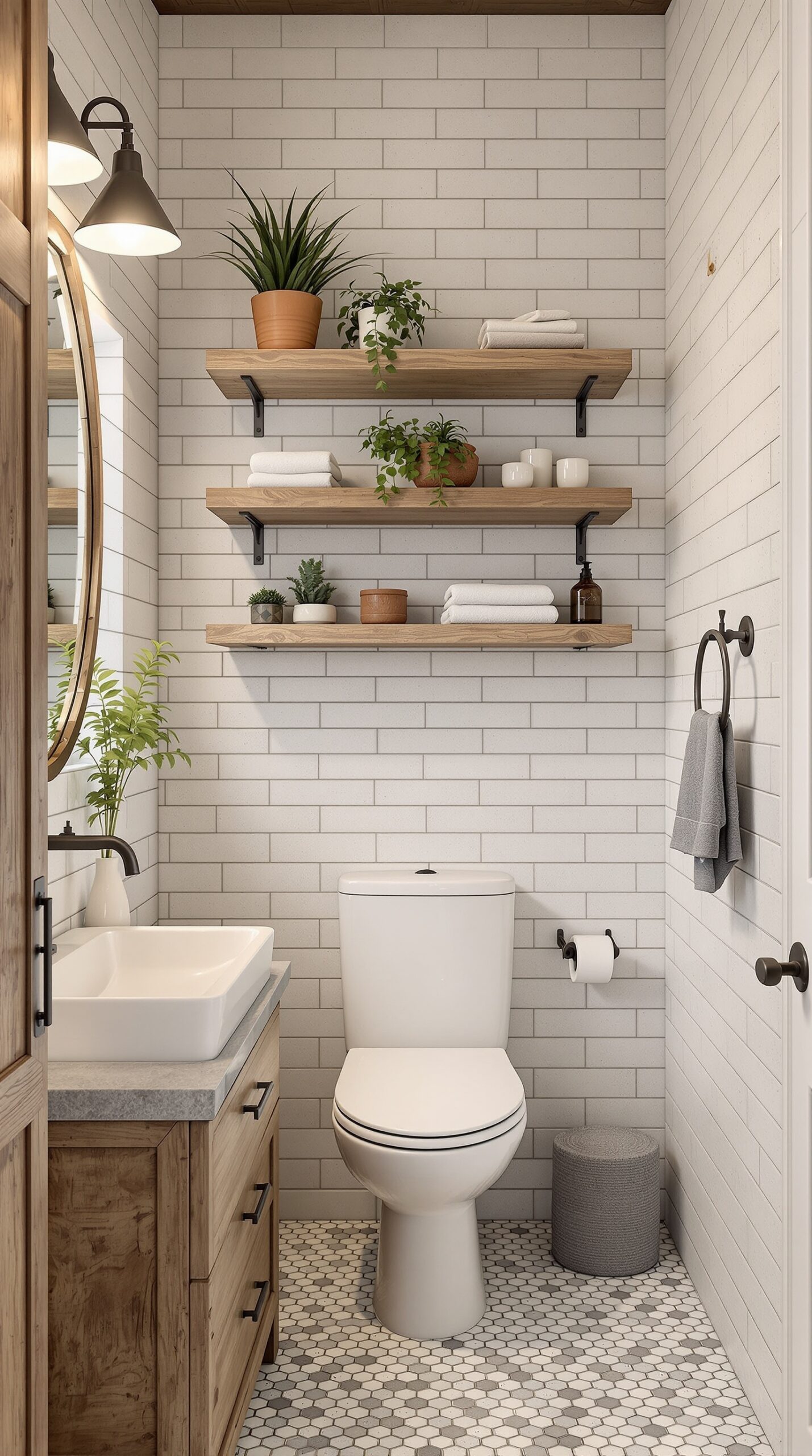 A rustic bathroom featuring wooden shelves, white subway tiles, and plants.