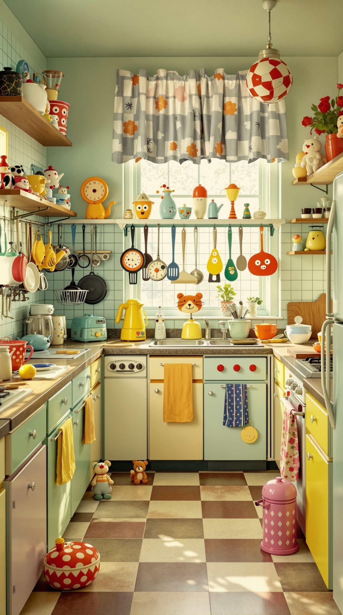 A colorful 1950s kitchen filled with playful gadgets, including a yellow kettle, animal-shaped utensils, and cheerful decor.
