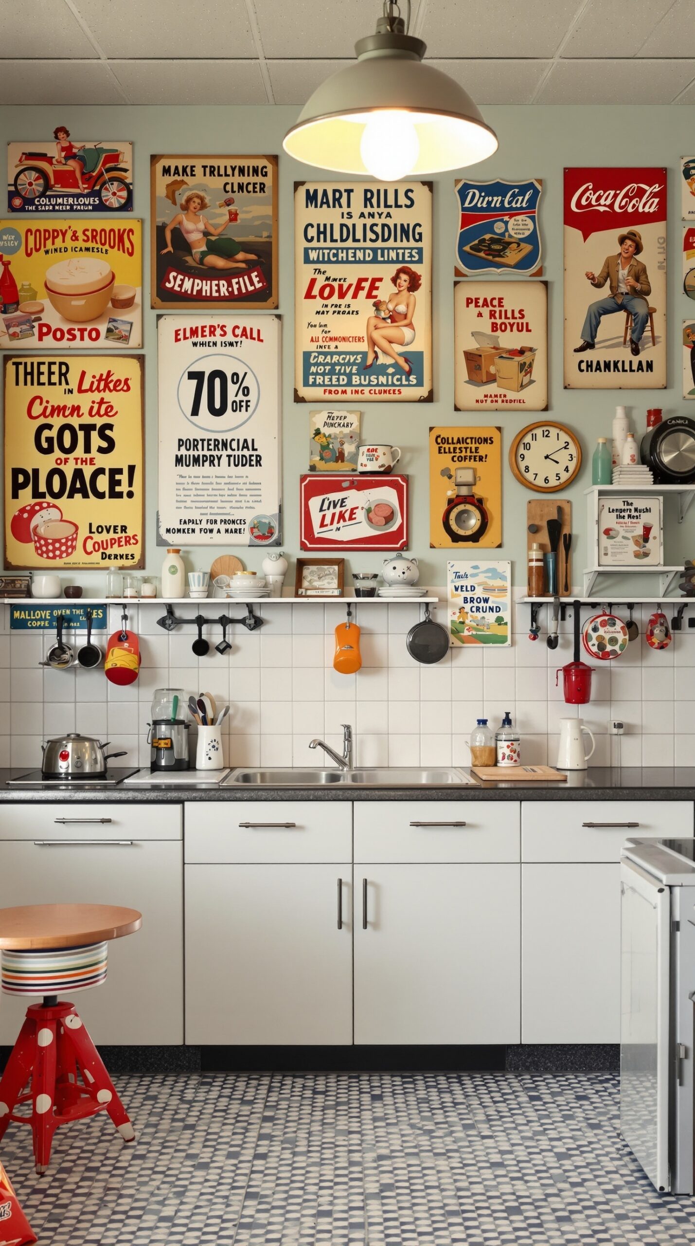 A 1950s inspired kitchen with colorful vintage wall art and decor.