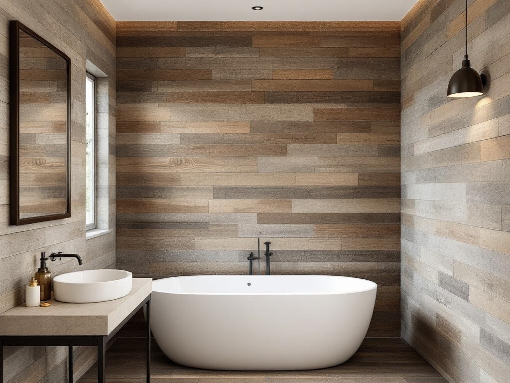 A modern bathroom featuring textured wooden wall treatments, a white bathtub, and soft lighting.
