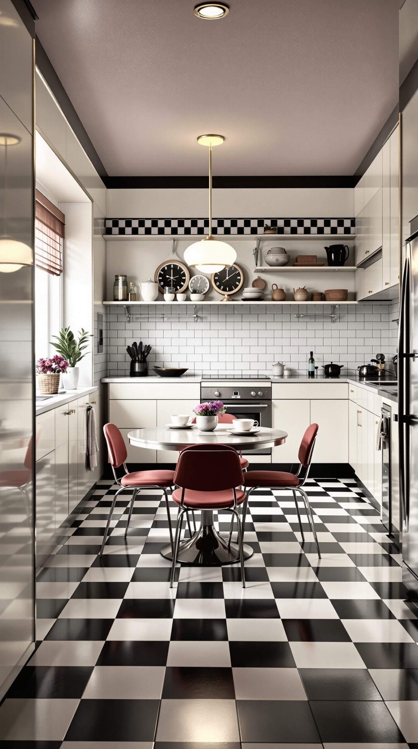 A modern kitchen featuring iconic black and white checkerboard flooring, a round dining table, and retro-style chairs.