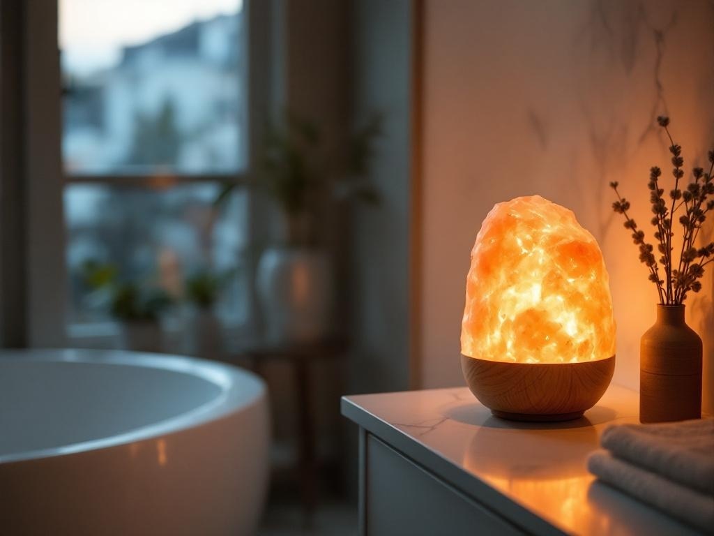 A warm Himalayan salt lamp glowing in a stylish bathroom setting.