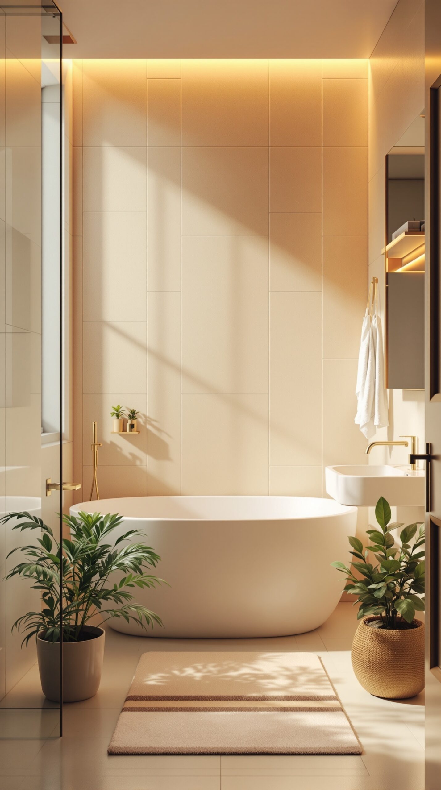 A serene wabi-sabi bathroom featuring a freestanding tub, natural plants, and soft lighting.