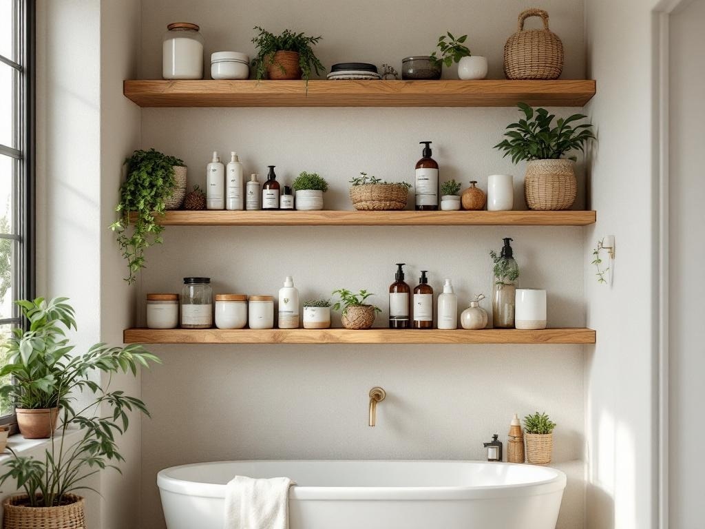 Natural wood shelving in a bathroom with plants and bottles