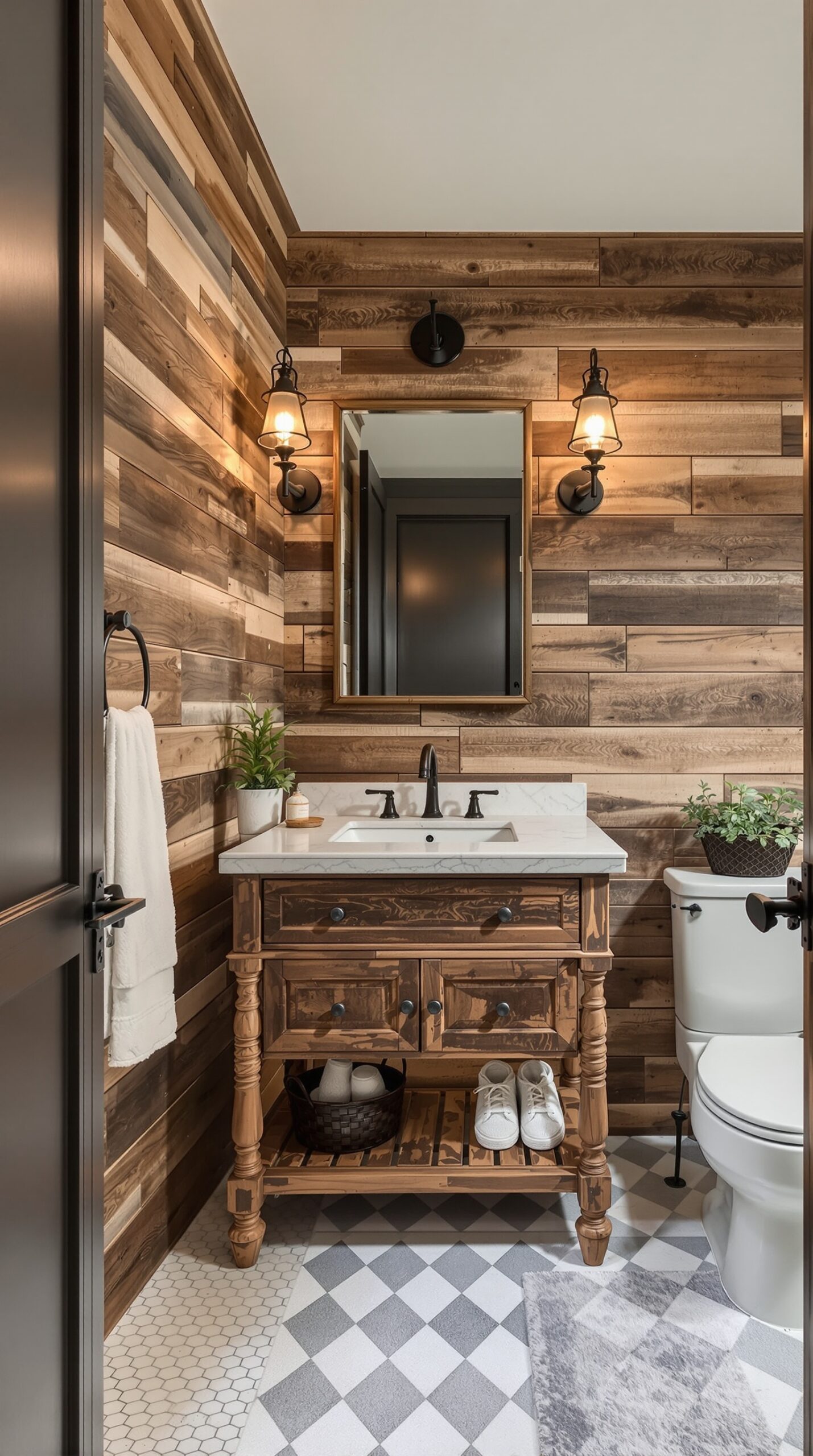 A bathroom featuring reclaimed wood walls, a wooden vanity, and stylish lighting.