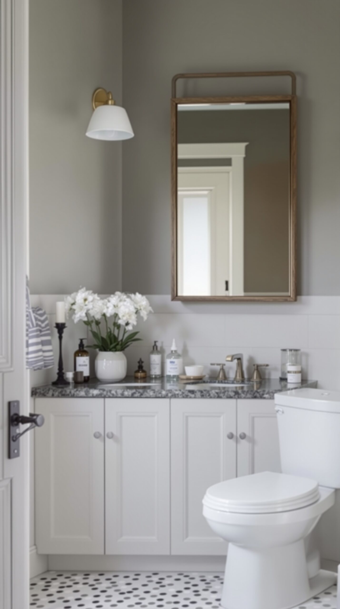 A modern bathroom featuring a mix of contemporary and traditional design elements, including a wooden mirror, sleek cabinetry, and decorative flowers.