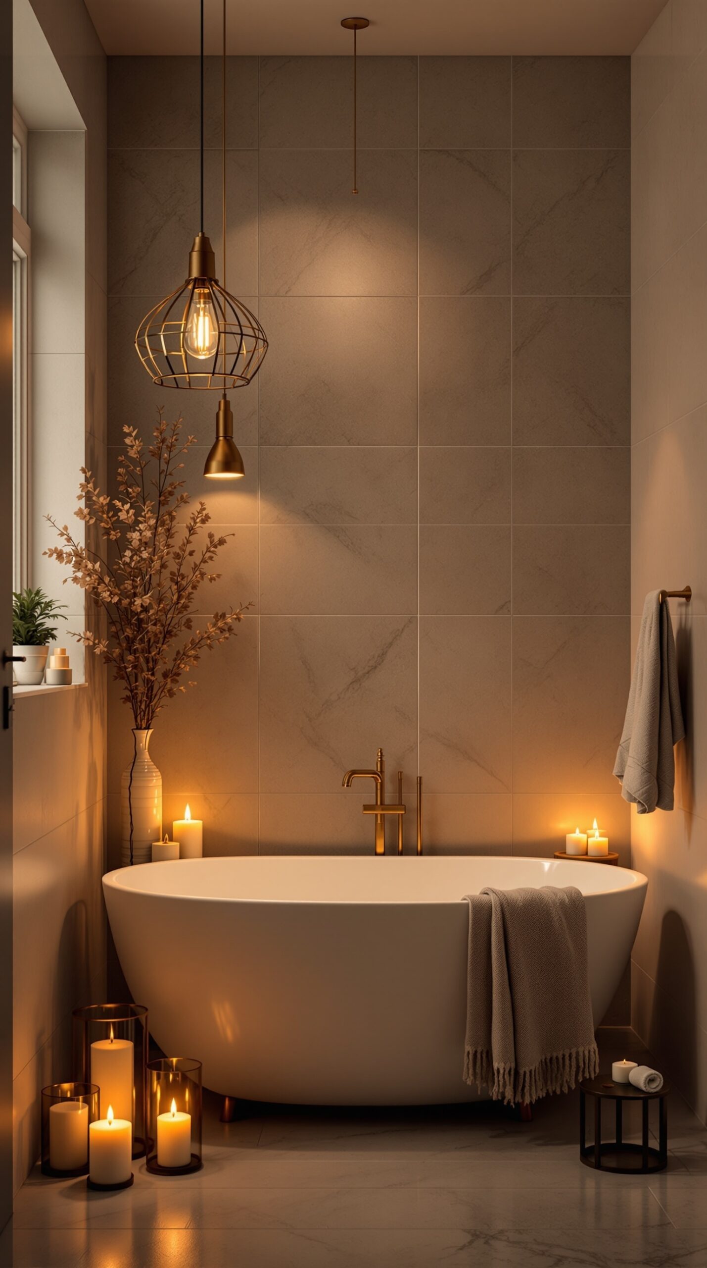 A cozy bathroom with soft lighting, candles, and a warm atmosphere.