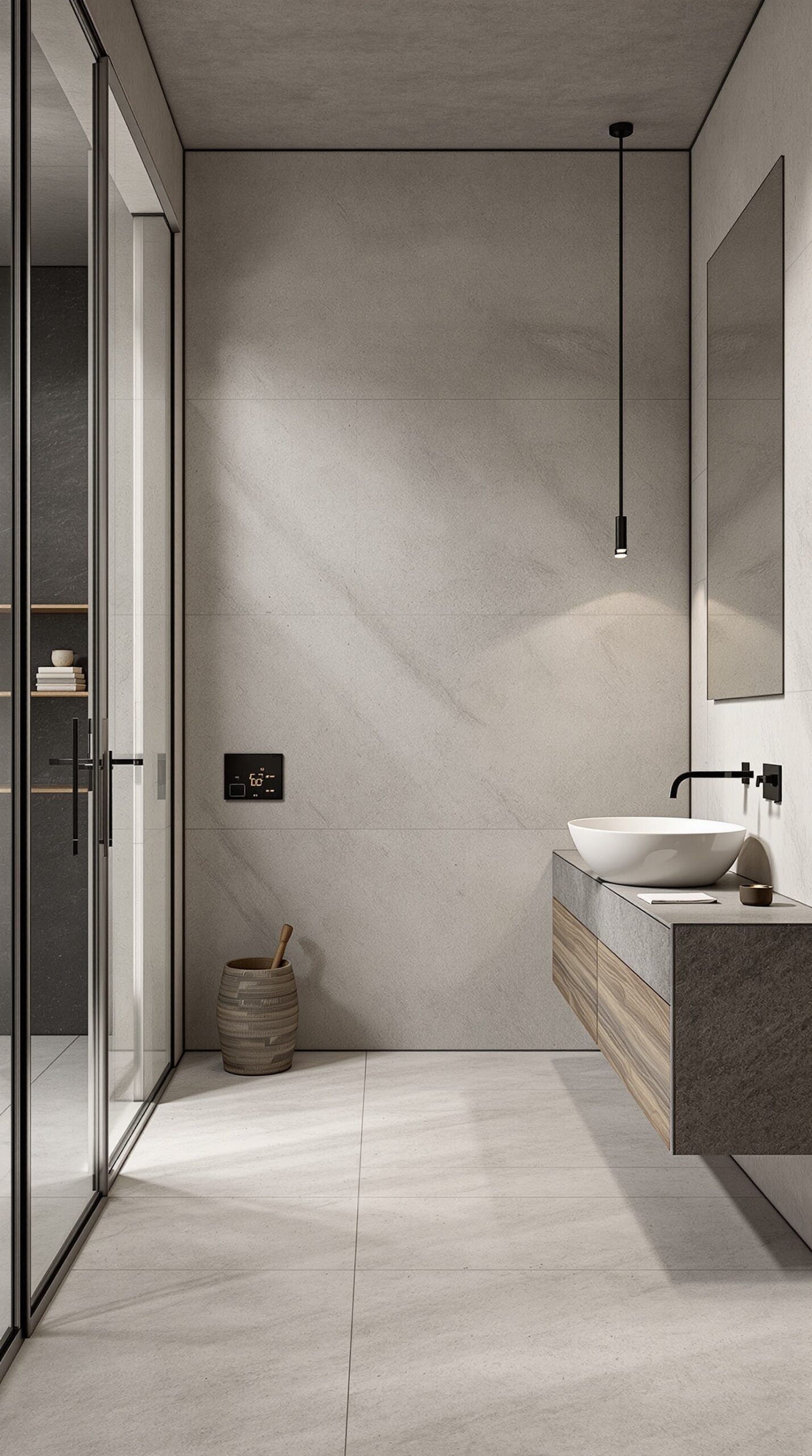 A modern bathroom featuring raw materials like stone and wood, showcasing a blend of natural elements and sleek design.