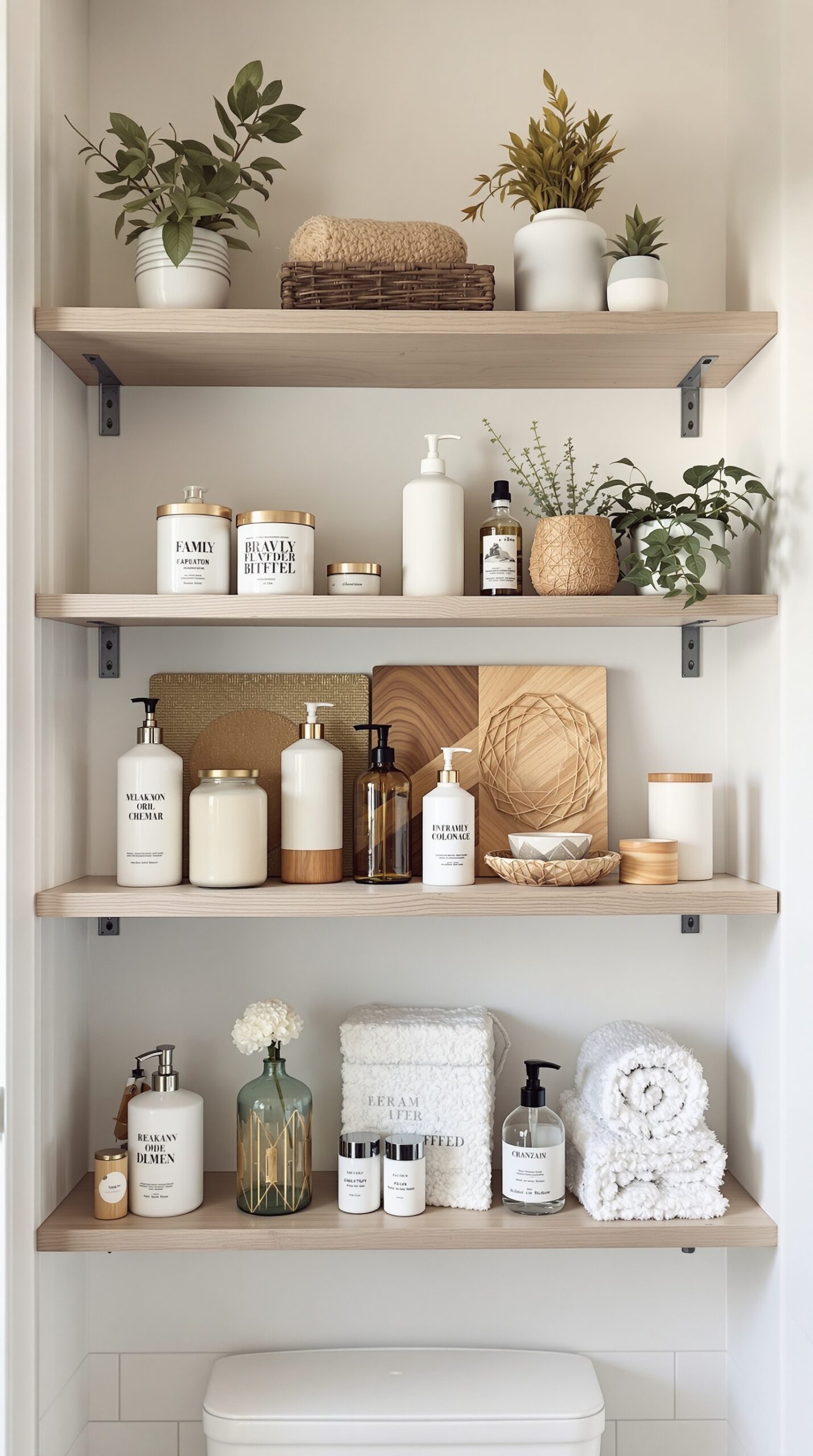 Shelves in a bathroom displaying various toiletries and plants in a wabi-sabi style.