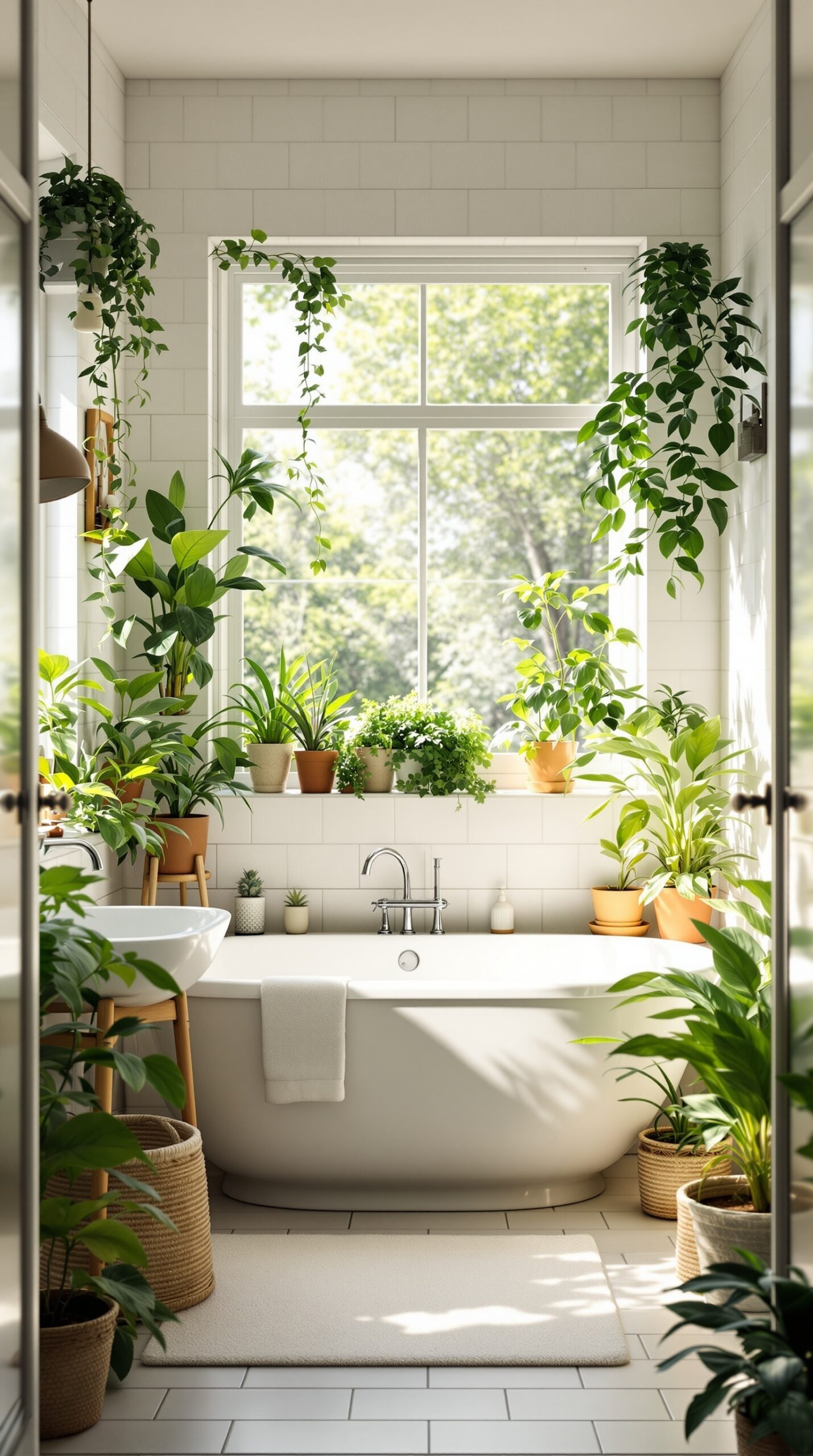 A bright bathroom filled with various indoor plants, featuring a bathtub and large window.