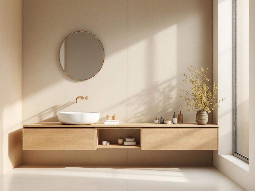 A minimalist bathroom featuring a wooden vanity, round mirror, and vessel sink, showcasing sustainable design elements.