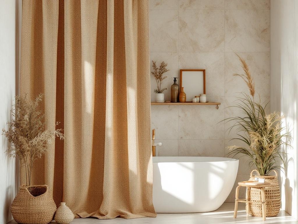 A serene bathroom featuring a natural shower curtain, a white bathtub, and decorative plants.