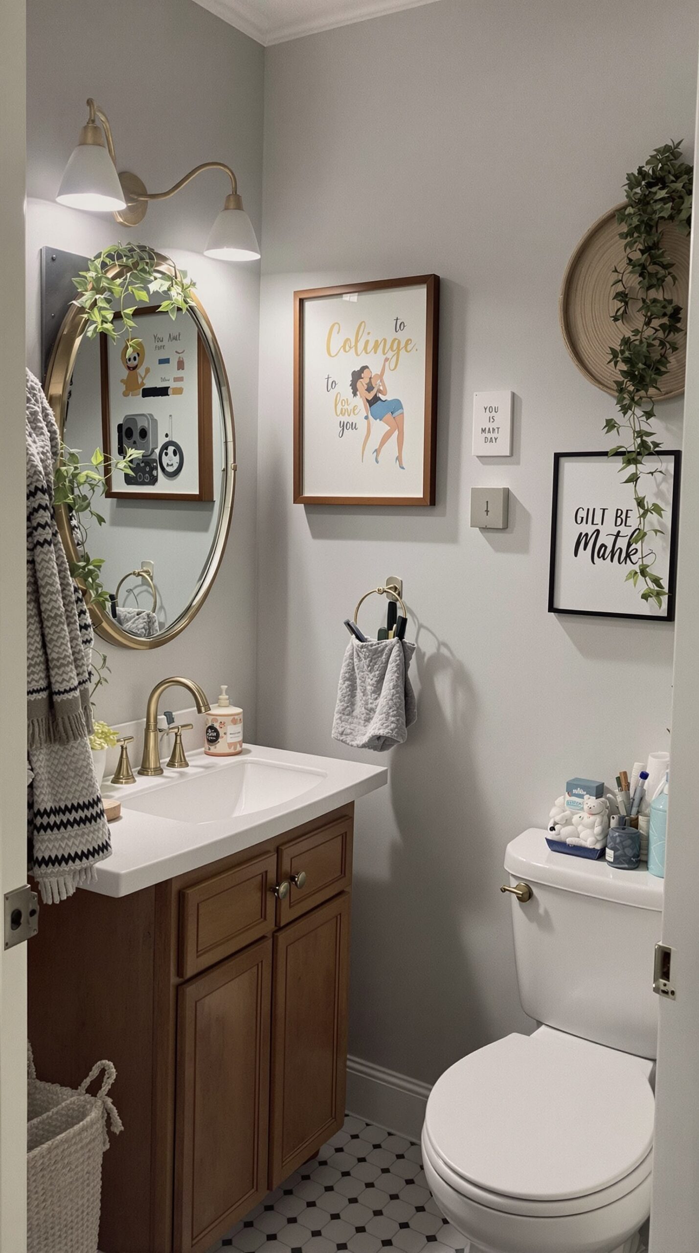 A cozy bathroom featuring framed art, a circular mirror, and plants, showcasing personal touches in decor.