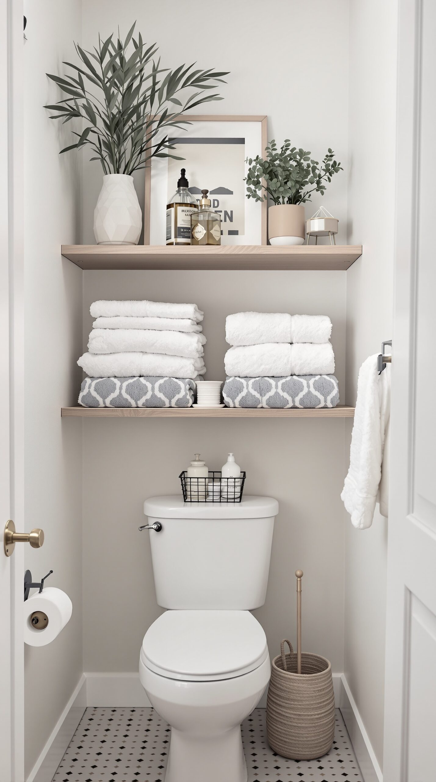 A bathroom with open shelving displaying neatly stacked towels, decorative items, and plants.