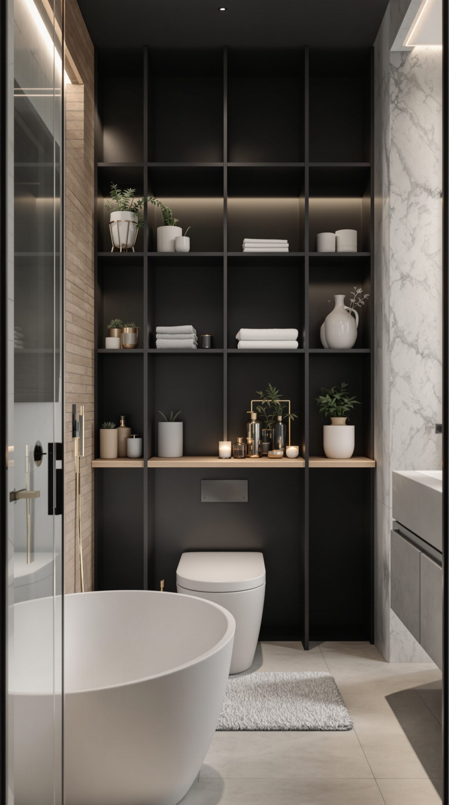 A modern bathroom featuring an asymmetrical layout with a freestanding tub, open shelving, and a calming color palette.