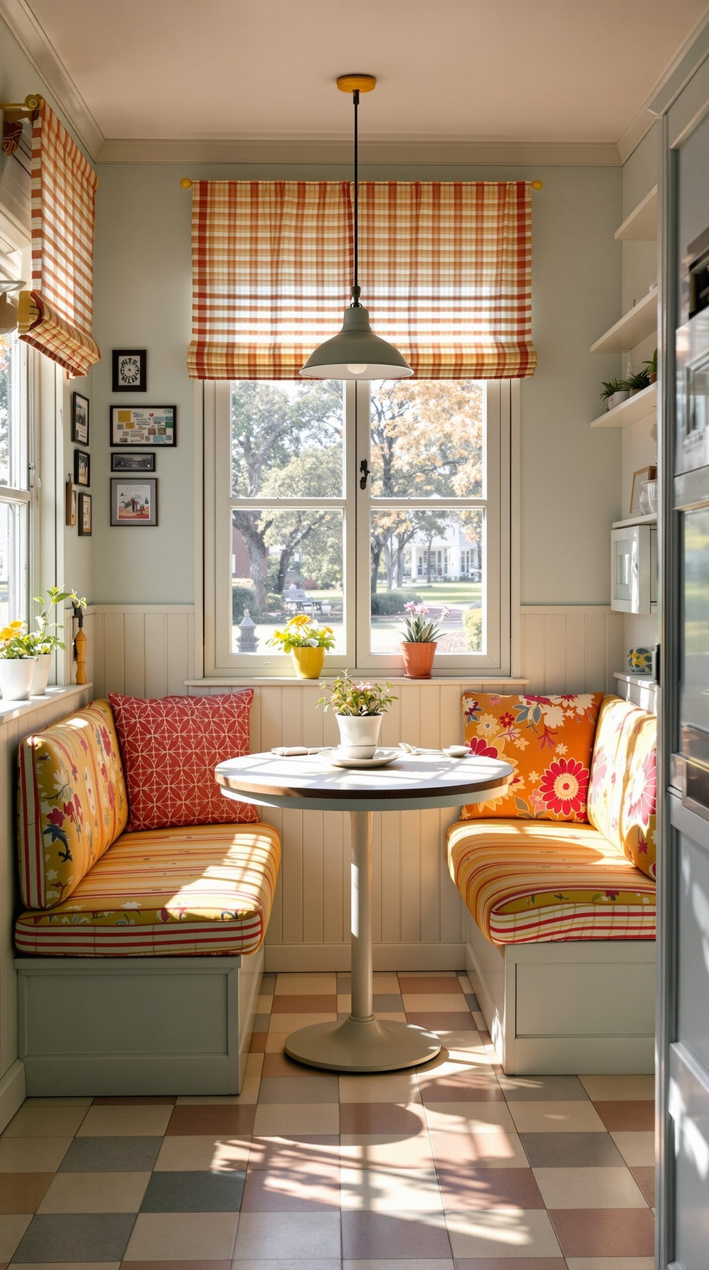 A cheerful breakfast nook with colorful cushions, a round table, and natural light.