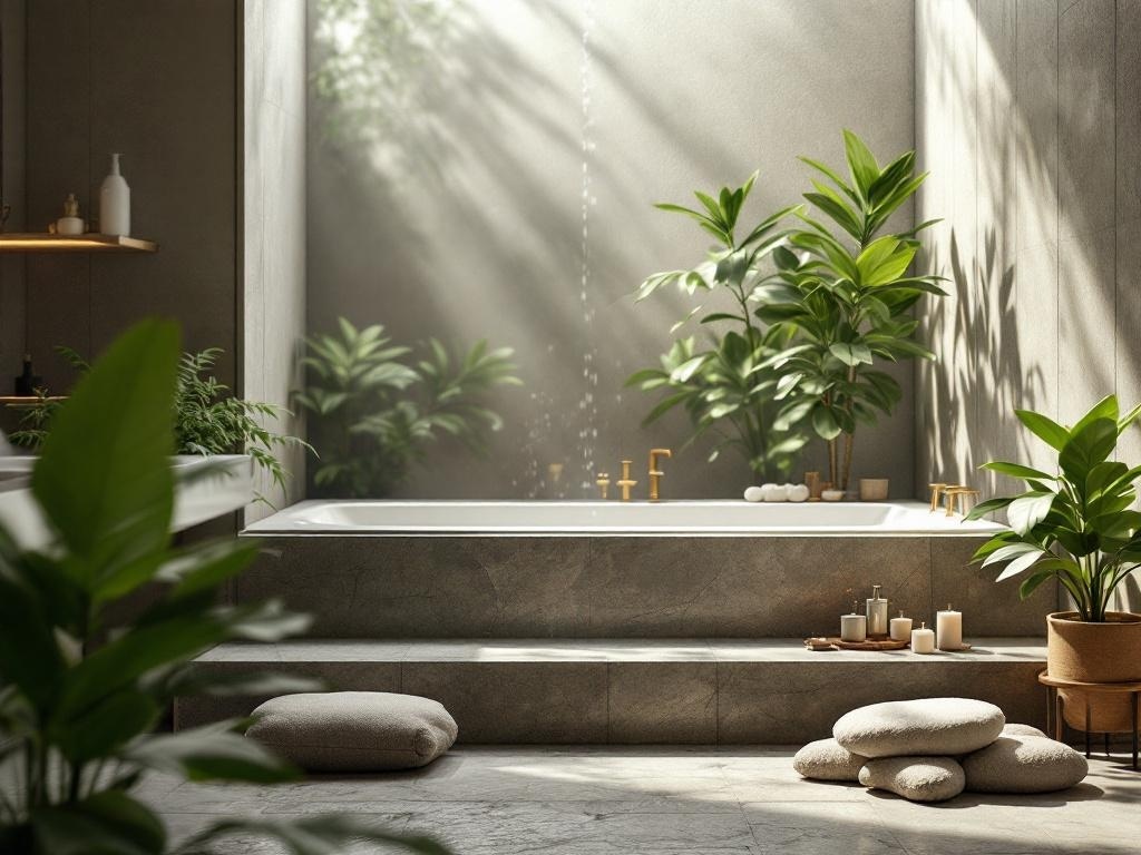 A calming bathroom featuring a bathtub, plants, and soft lighting.