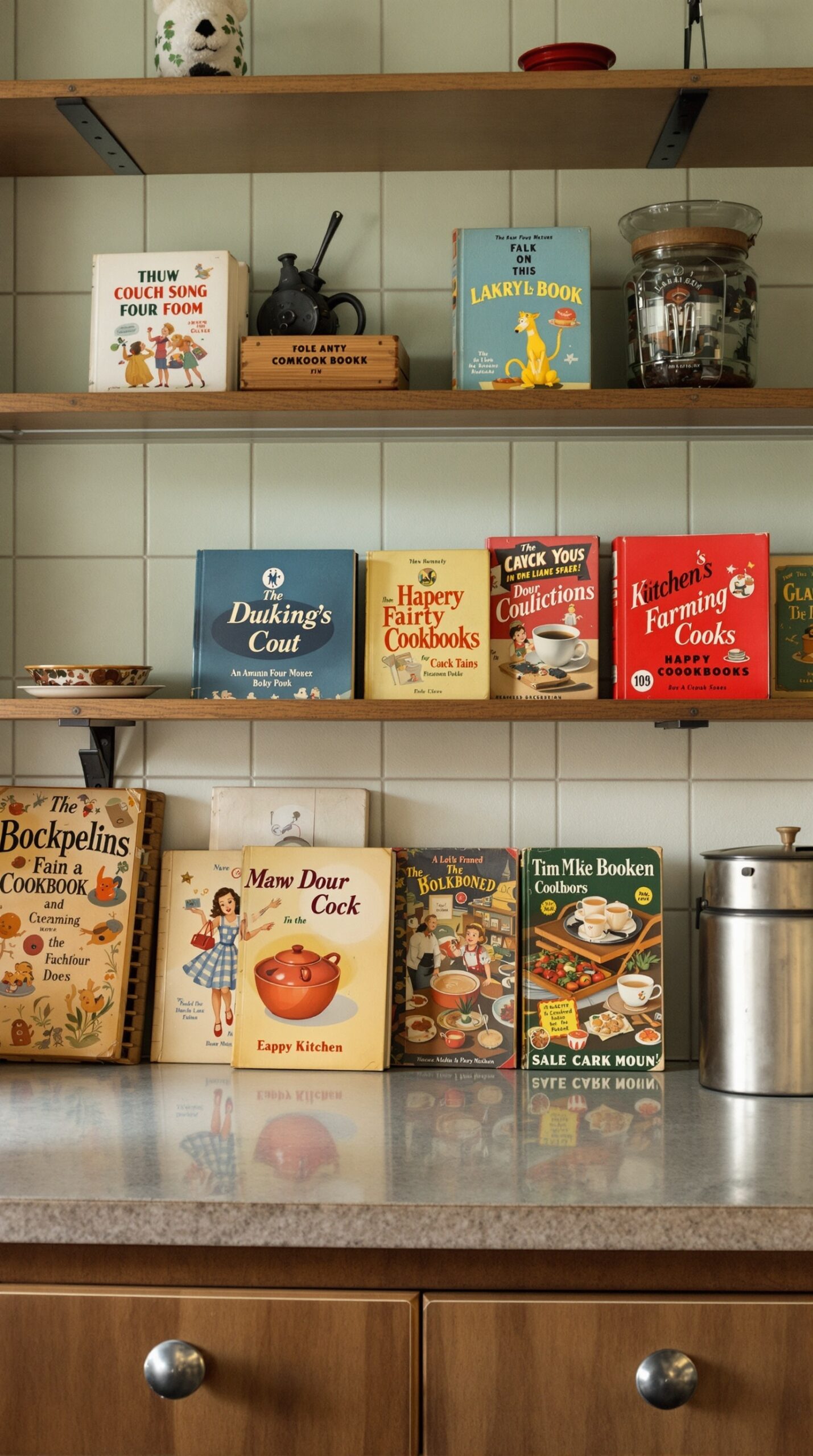 A collection of vintage cookbooks displayed on wooden shelves in a kitchen.