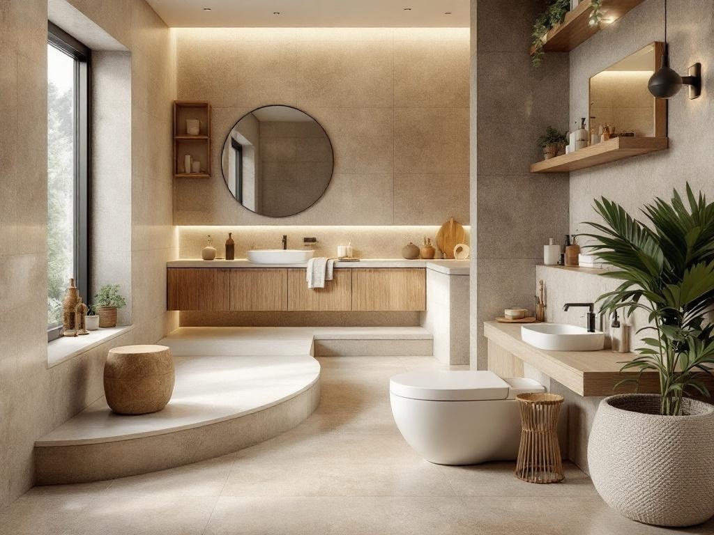 A modern bathroom featuring natural stone accents, wooden elements, and plants, creating a calm and earthy atmosphere.