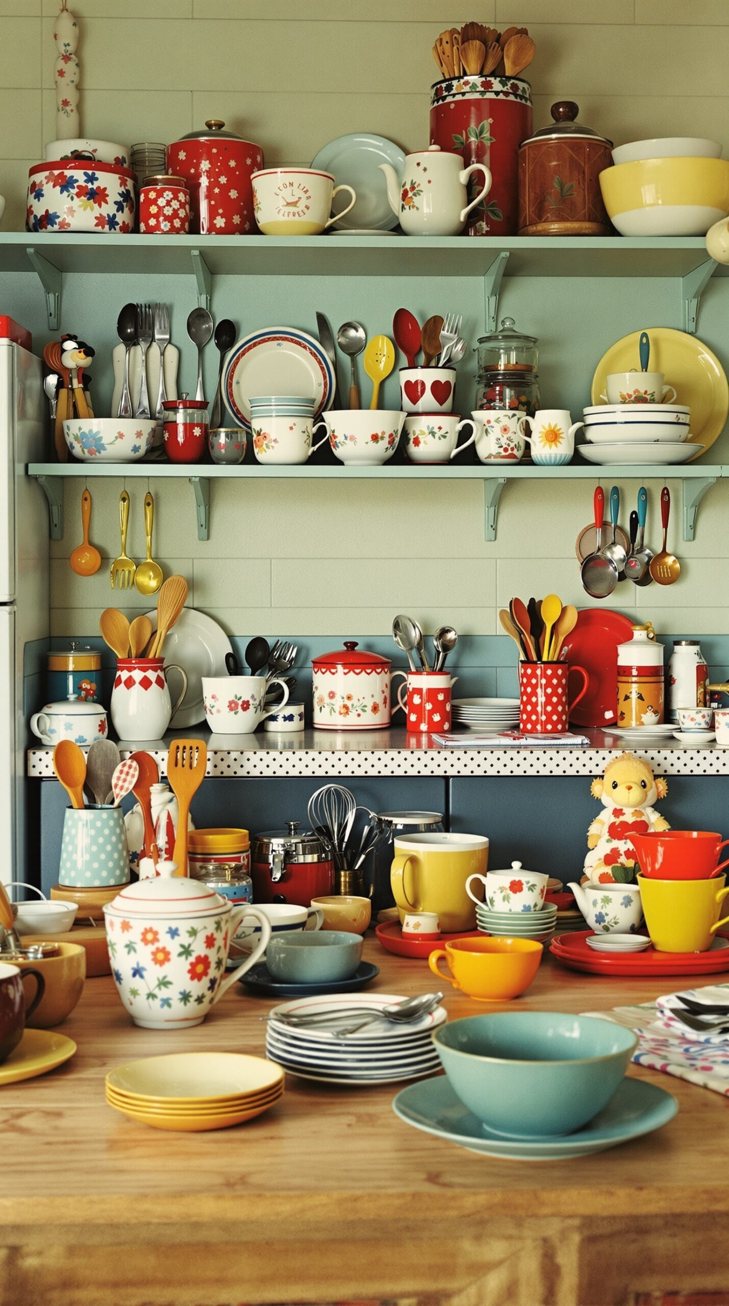 A colorful collection of vintage tableware and utensils in a 1950s kitchen.