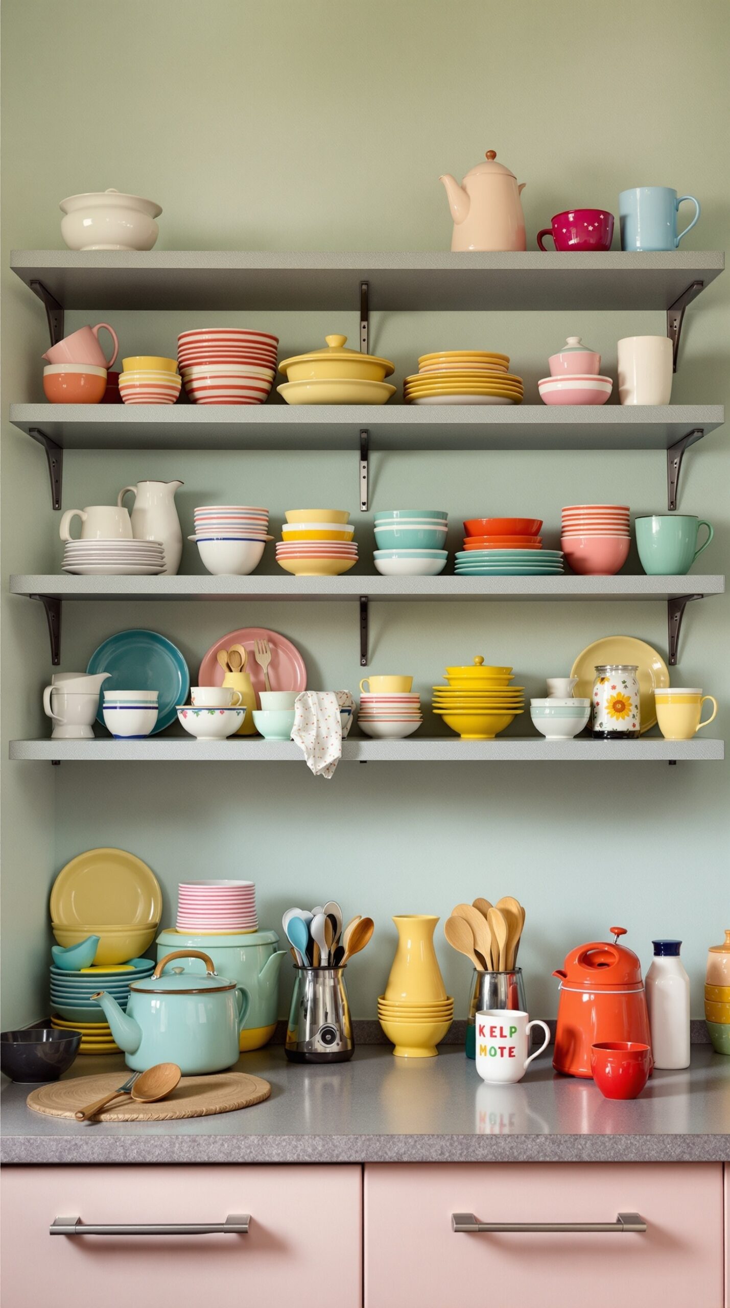 Colorful open shelving in a kitchen displaying various dishes and cookware