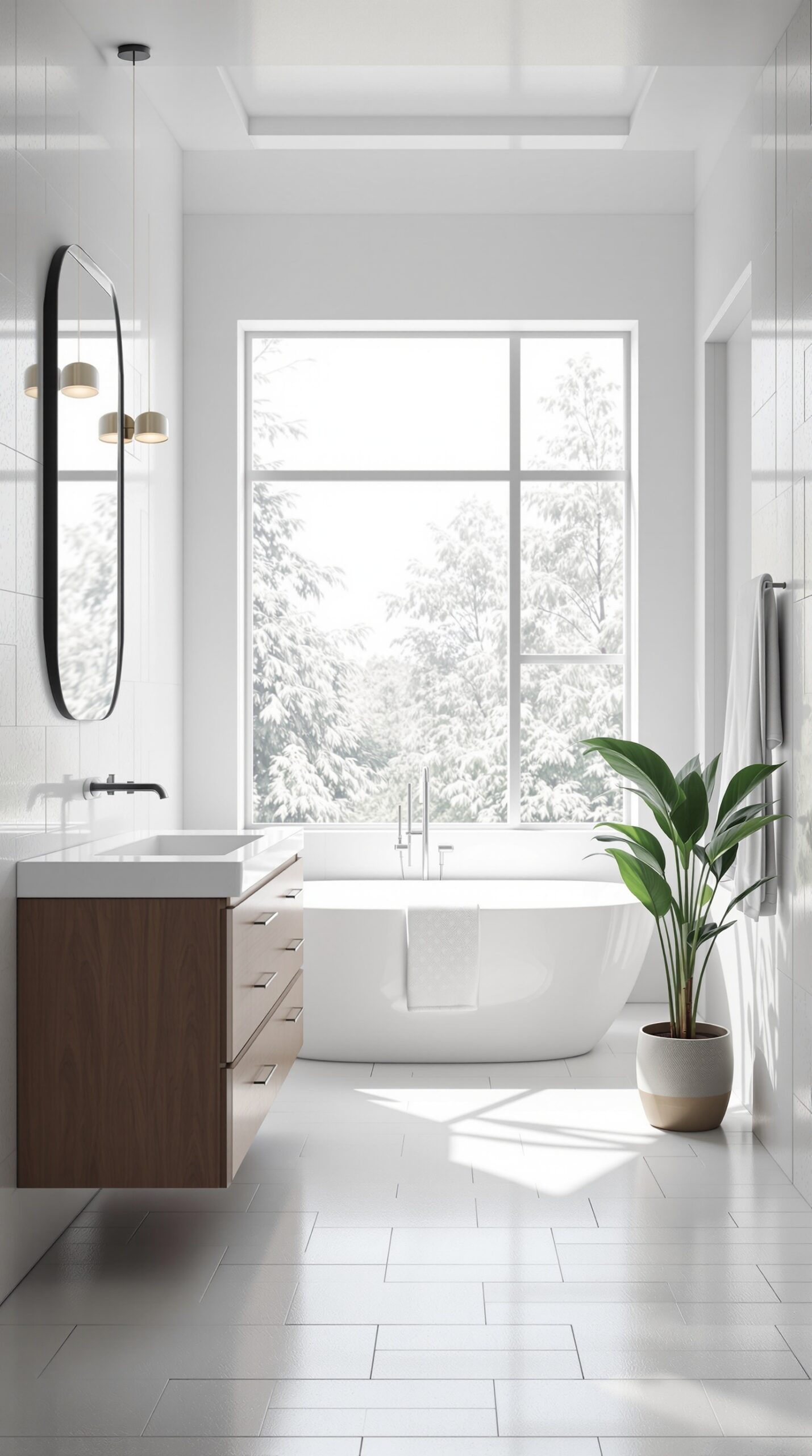 Bright and airy bathroom with large windows, a modern bathtub, and a potted plant.