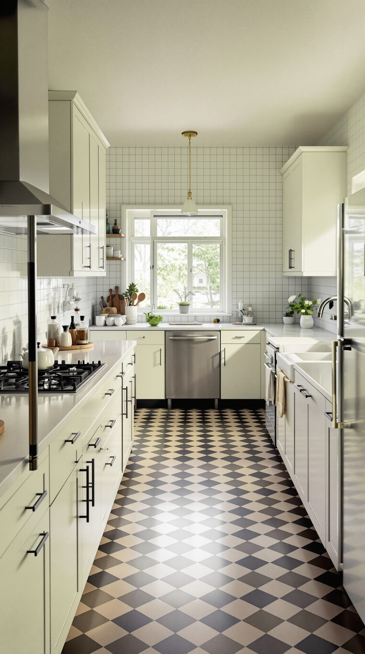 A bright and functional 1950s kitchen featuring light cabinetry and a black-and-white checkered floor.