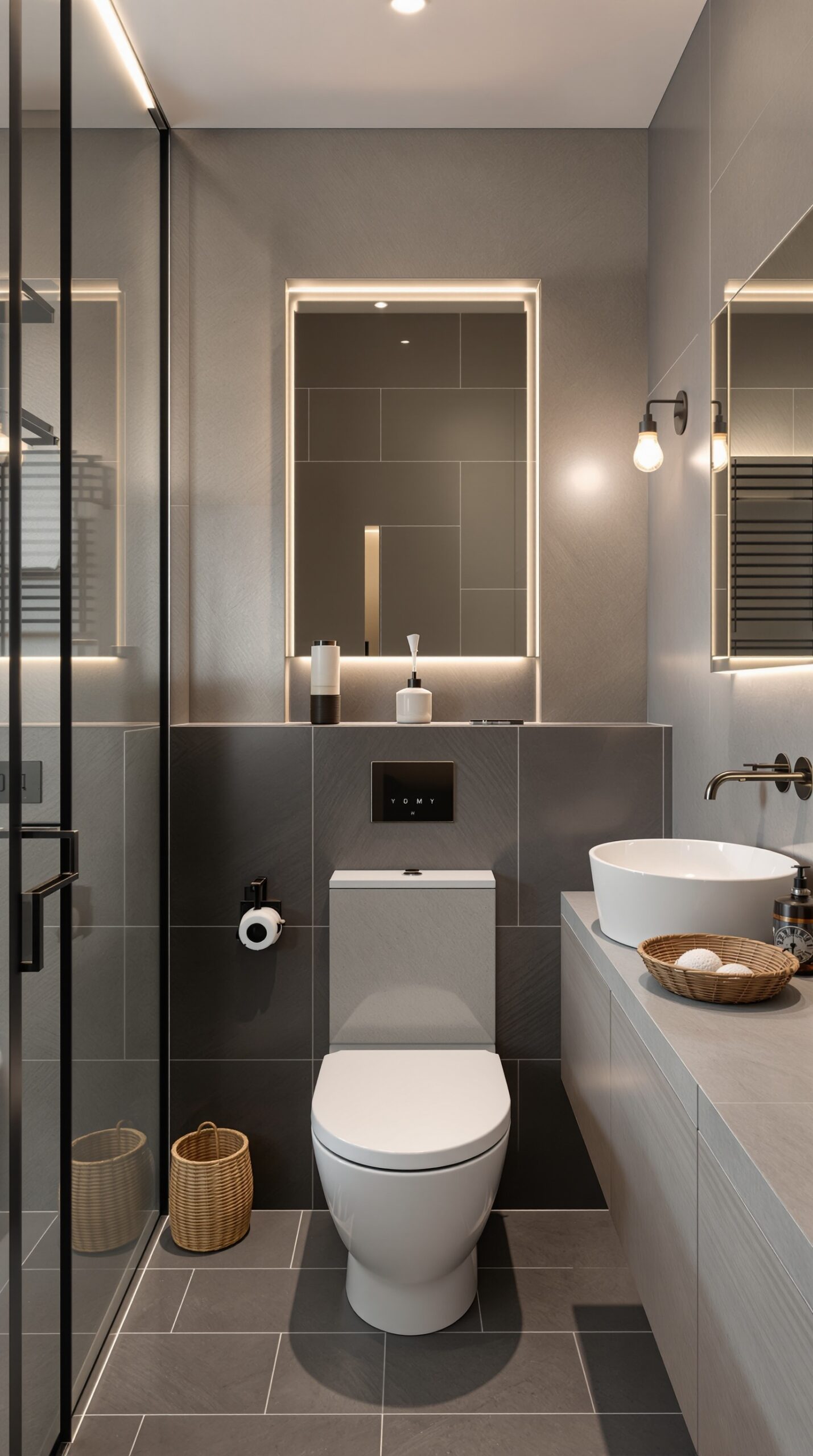 A modern bathroom with gray tiles, a round sink, and minimalist design elements.
