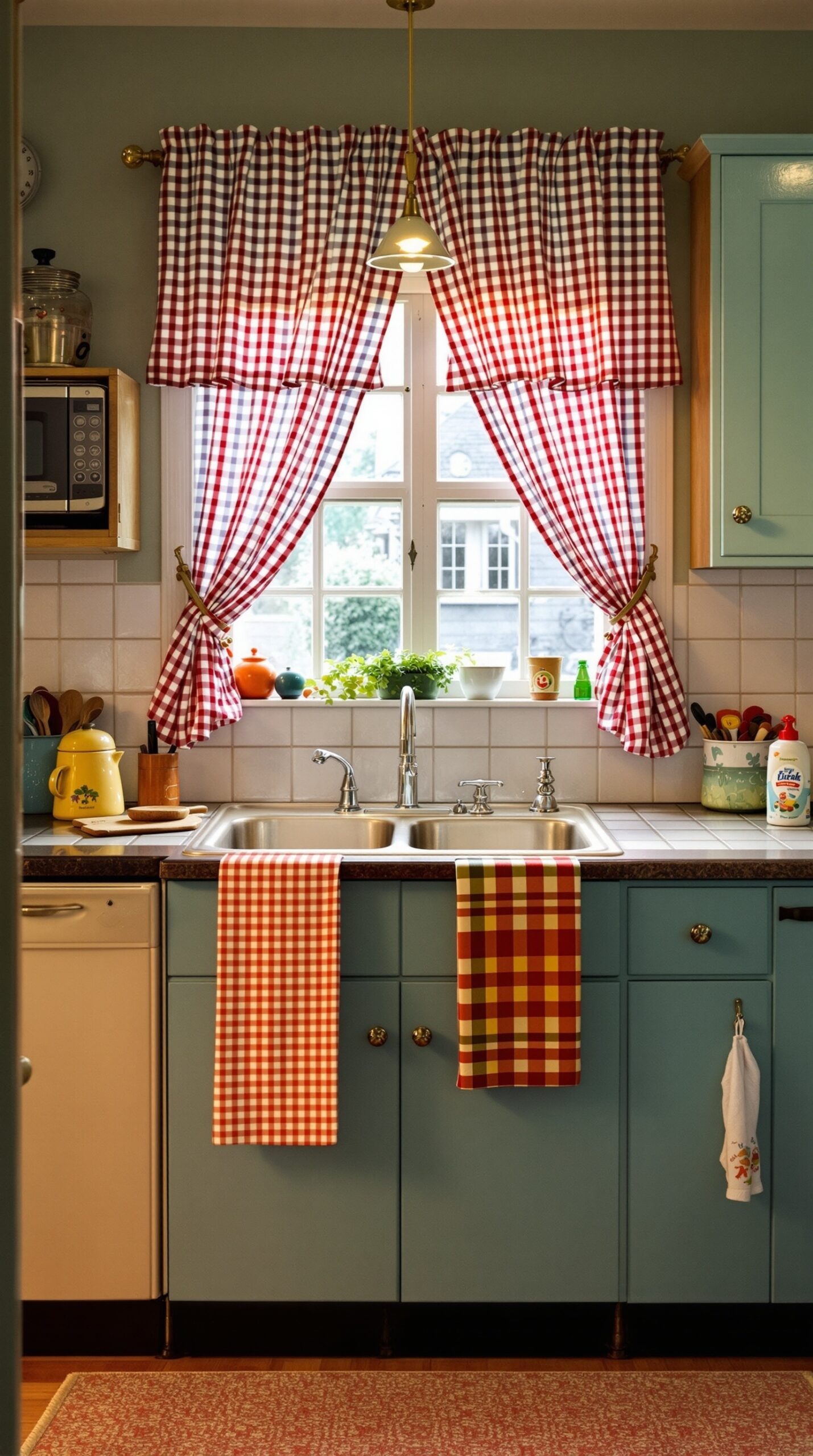A retro kitchen featuring checkered curtains and dish towels in red and white patterns, with blue cabinets and a cozy ambiance.