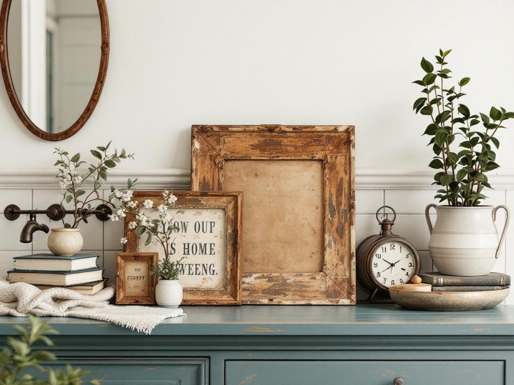 A vintage-inspired bathroom decor featuring a wooden frame, books, flowers, and an antique clock on a blue table.