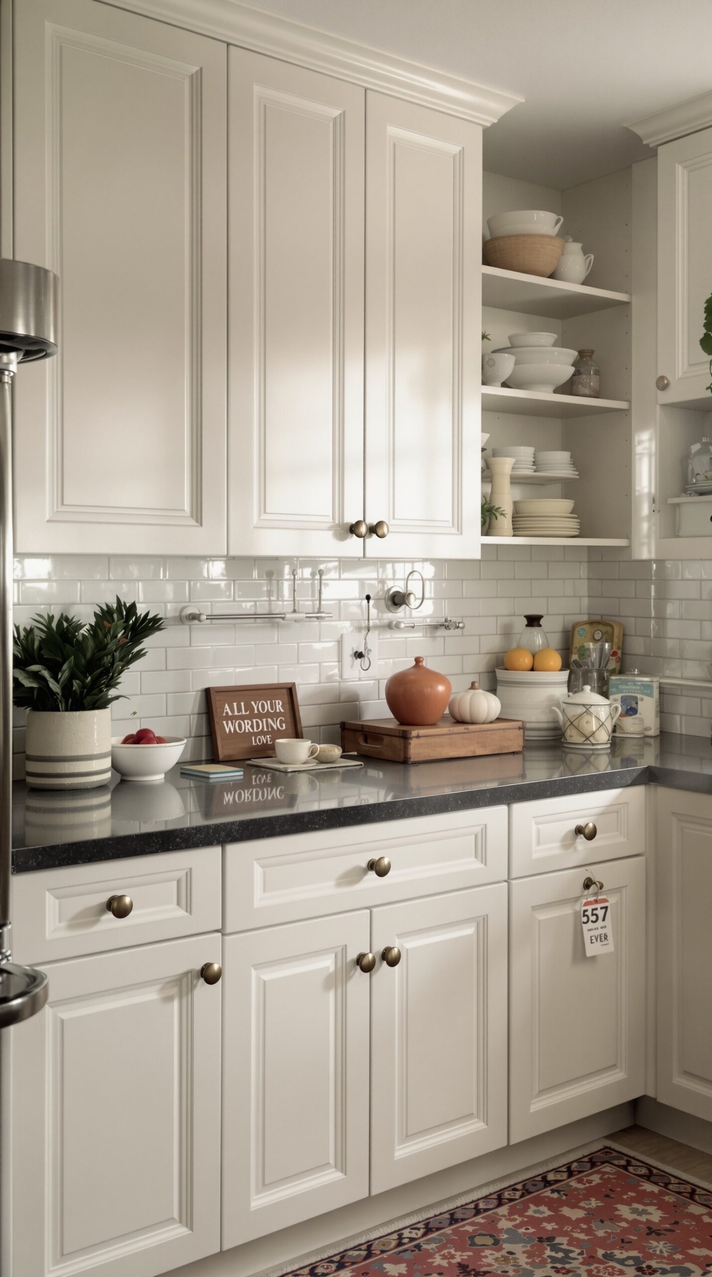 A stylish 1950s kitchen featuring classic built-in cabinets, a dark countertop, and decorative dishware.