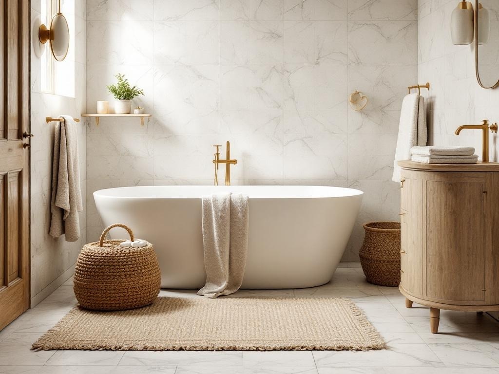 A serene bathroom featuring a natural fiber rug, modern bathtub, and light marble tiles.