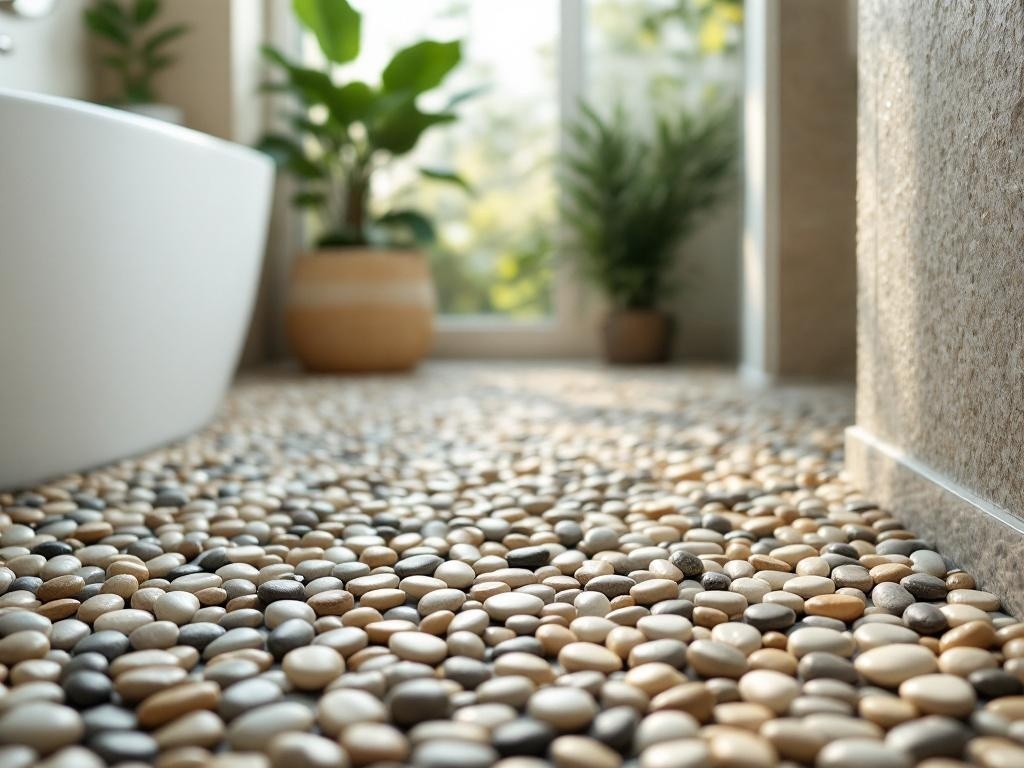 A bathroom with pebble stone flooring, featuring a white bathtub and plants in the background.