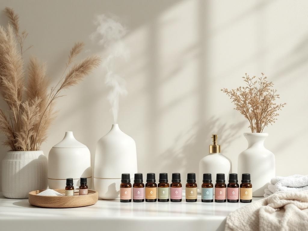 Aromatherapy setup with essential oils, a diffuser, and dried flowers in a bathroom setting.